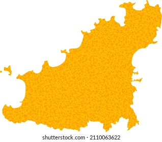 Vector Gold map of Guernsey Island. Map of Guernsey Island is isolated on a white background. Gold items texture based on solid yellow map of Guernsey Island.