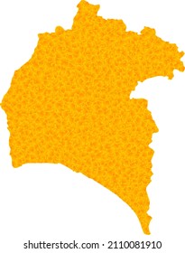 Vector Gold map of Huelva Province. Map of Huelva Province is isolated on a white background. Gold items mosaic based on solid yellow map of Huelva Province.