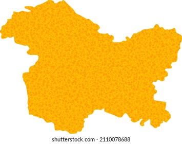 Vector Gold map of Jammu and Kashmir State. Map of Jammu and Kashmir State is isolated on a white background. Gold particles pattern based on solid yellow map of Jammu and Kashmir State.