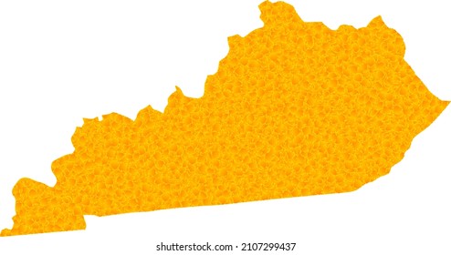 Mapa de oro vectorial del estado de Kentucky. Mapa del estado de Kentucky está aislado en un fondo blanco. Mosaico de partículas de oro basado en el mapa amarillo sólido del estado de Kentucky.