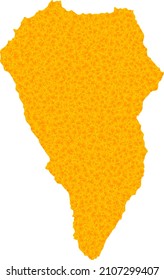 Vector Gold map of La Palma Island. Map of La Palma Island is isolated on a white background. Gold particles texture based on solid yellow map of La Palma Island.
