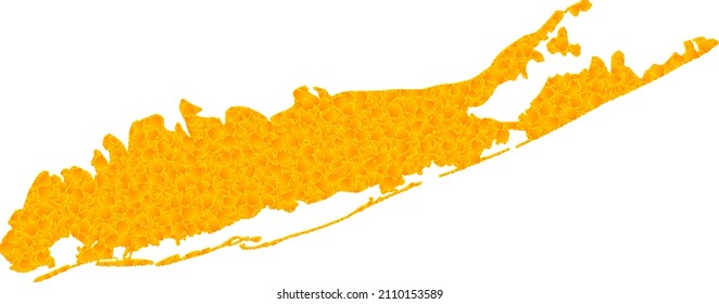 Vector Gold Map Of Long Island. Map Of Long Island Is Isolated On A White Background. Gold Items Mosaic Based On Solid Yellow Map Of Long Island.