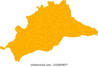 Vector Gold map of Malaga Province. Map of Malaga Province is isolated on a white background. Gold items texture based on solid yellow map of Malaga Province.