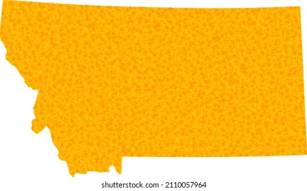 Vector Gold map of Montana State. Map of Montana State is isolated on a white background. Gold particles mosaic based on solid yellow map of Montana State.