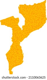 Vector Gold map of Mozambique. Map of Mozambique is isolated on a white background. Gold items mosaic based on solid yellow map of Mozambique.