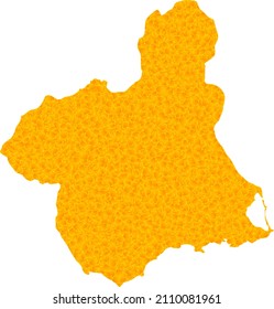 Vector Gold map of Murcia Province. Map of Murcia Province is isolated on a white background. Gold particles pattern based on solid yellow map of Murcia Province.