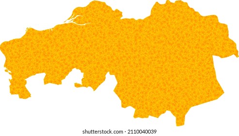 Vector Gold map of North Brabant Province. Map of North Brabant Province is isolated on a white background. Gold items mosaic based on solid yellow map of North Brabant Province.