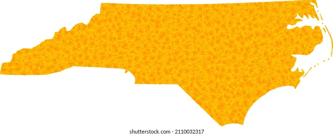 Vector Gold map of North Carolina State. Map of North Carolina State is isolated on a white background. Gold items mosaic based on solid yellow map of North Carolina State.