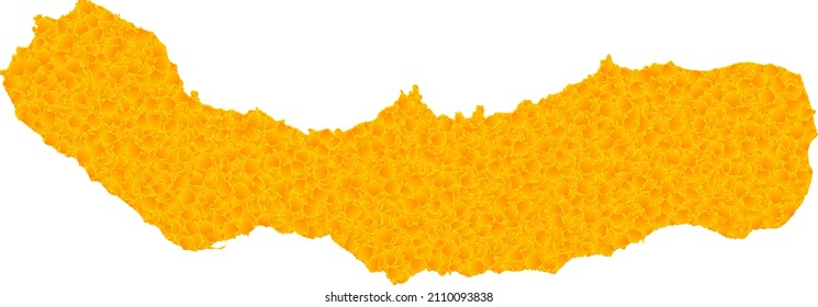 Vector Gold map of Sao Miguel Island. Map of Sao Miguel Island is isolated on a white background. Gold items pattern based on solid yellow map of Sao Miguel Island.