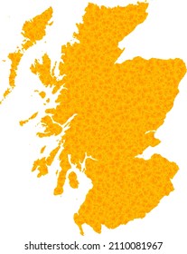 Mapa de oro vectorial de Escocia. Mapa de Escocia aislado en un fondo blanco. Patrón de objetos de oro basado en el sólido mapa amarillo de Escocia.