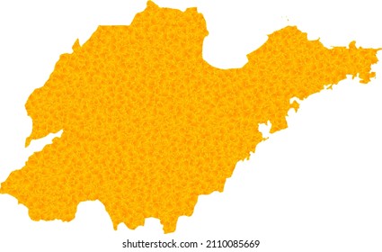 Vector Gold Karte der Provinz Shandong. Karte der Provinz Shandong ist einzeln auf weißem Hintergrund. Die Textur von Goldpartikeln basiert auf der soliden gelben Karte der Provinz Shandong.