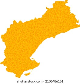Vector Gold map of Tarragona Province. Map of Tarragona Province is isolated on a white background. Gold particles mosaic based on solid yellow map of Tarragona Province.