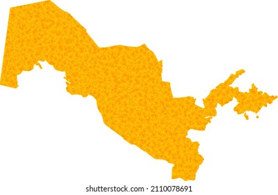 Mapa de oro vectorial de Uzbekistán. Mapa de Uzbekistán aislado en un fondo blanco. Textura de objetos de oro basada en sólido mapa amarillo de Uzbekistán.