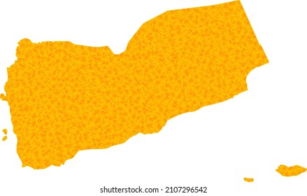 Vector Gold map of Yemen. Map of Yemen is isolated on a white background. Gold particles texture based on solid yellow map of Yemen.
