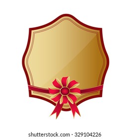 Vector gold medal  of emblem /shield  with shiny red  bow ribbon on white background with copy space.