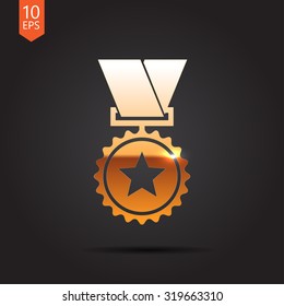 Vector gold medal icon on dark background . Winner award 