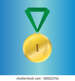 Vector gold medal on green ribbon with relief detail of laurel wreath and reflections conceptual of an award for victory winning first placement achievement or quality 