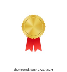 Vector gold medal on red ribbon with relief detail of laurel wreath and reflections conceptual of an award for victory winning first placement achievement or quality on white background