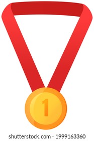 Vector gold medal on red ribbon conceptual of an award for victory winning first placement achievement or quality on white background. Prize to winner of sport competition taking first place leader
