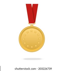 Vector gold medal on red tape on  white background