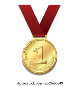 Vector gold medal on red ribbon with laurel wreath. Concept of an award for victory winning first placement achievement or quality isolated on white background. Vector illustration