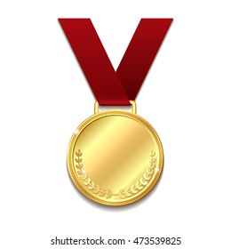 Vector Gold Medal On Red Ribbon.