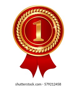 Vector gold medal with red ribbon and details