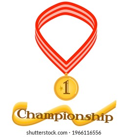 Vector of a gold medal with red and white ribbon and the words championship under it are isolated in white