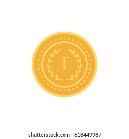 Vector gold medal with relief detail of laurel wreath and reflections conceptual of an award for victory winning first placement achievement or quality on white background