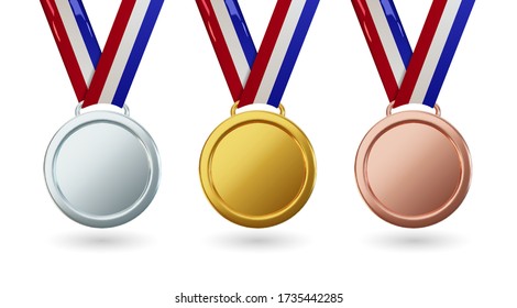 Vector gold medal with ribbon, set of isolated awards in realistic design. Symbol of victory and sporting achievements. Celebration and ceremony concept.