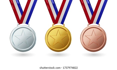 Vector gold medal with ribbon, set of isolated awards in realistic design. Symbol of victory and sporting achievements. Celebration and ceremony concept.