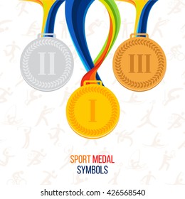 Vector Gold medal, silver medal, bronze medal against the background of sports icons, set of medals. a symbol of victory. Sports awards