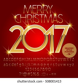 Vector gold  Merry Christmas 2017 greeting card with set of letters, symbols and numbers. File contains graphic styles