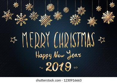 vector gold Merry christmas greetings and Happy new year 2019 dark blue background. golden snowflakes art