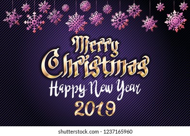 vector gold Merry christmas greetings and Happy new year 2019 dark blue background. golden snowflakes art