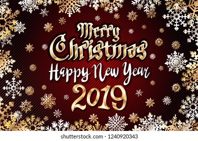 vector gold Merry christmas greetings and Happy new year 2019 dark red background. golden snowflakes art