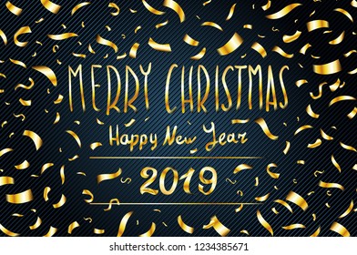vector gold Merry christmas Happy New Year 2019 greeting card of glitter gold confetti on premium black background art