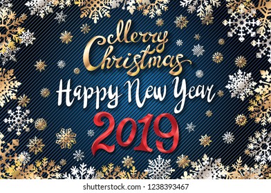 vector gold Merry Christmas and Happy new year 2019 dark blue background. golden snowflakes art