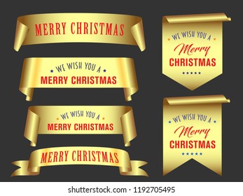 Vector, gold merry christmas ribbon banners set,  Paper scrolls, Ribbons, stickers.
