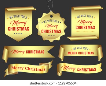Vector, gold merry christmas ribbon banners set,  Paper scrolls, Ribbons, stickers.