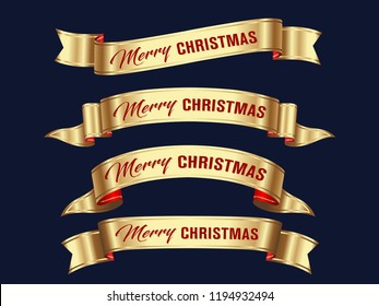 Vector, gold merry christmas ribbon banners set,  Paper scrolls, Ribbons, stickers.