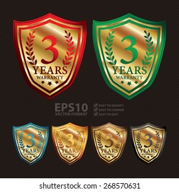 Vector : Gold Metallic 3 Years Warranty Shield, Label, Sticker, Banner, Sign or Icon 