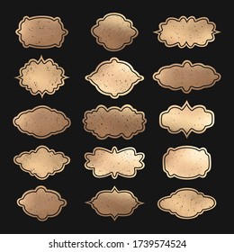 Vector gold metallic foil set of vintage hand drawn grunge stickers, banners and labels on black background