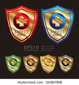 Vector : Gold Metallic Safety First Shield, Label, Sticker, Banner, Sign or Icon