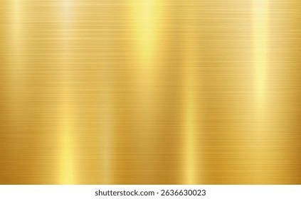 Vector gold metallic tones background. Abstract gradient bright and shiny light reflection brushed steel metal texture. Illustration for background, backdrop, web, wallpaper, print and design artwork.