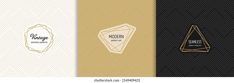 Vector gold minimalist seamless patterns set with modern labels. Elegant golden texture with thin geometric lines, chevron, zig zag stripes. Trendy minimal background. Luxury repeat design collection