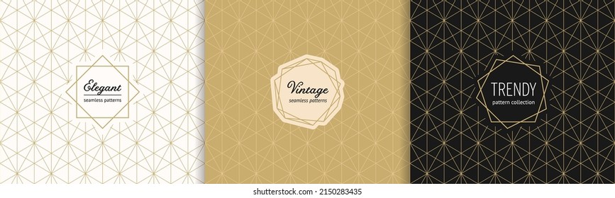 Vector gold minimalist seamless patterns set with modern labels. Elegant gold geometric texture with diamond grid, hexagons, triangles. Trendy minimal art deco style background. Luxury repeat design