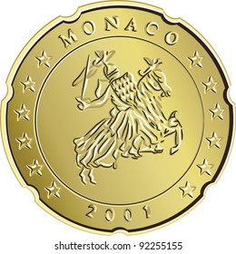 vector gold Monaco money coin euro cents with depicting the equestrian knight with sword raised