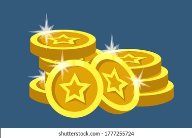 Vector gold money coin stack isolated on blue background. Gaming prize asset or award artifact object. Treasure bonus. Video or mobile game interface design. Wealth, prosperity and profit symbol