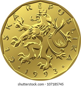 Vector Gold Money Twenty Czech Crones Coin With Crowned Heraldic Lion